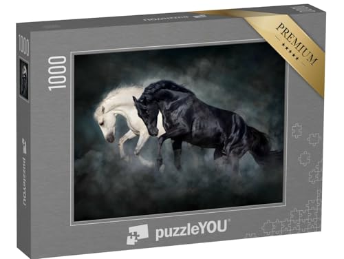 puzzleYOU: Puzzle 1000 Teile „Spiel der Farben: Schwarzer und weißer Hengst“ – aus der Puzzle-Kollektion Pferde, Friesenpferde von puzzleYOU