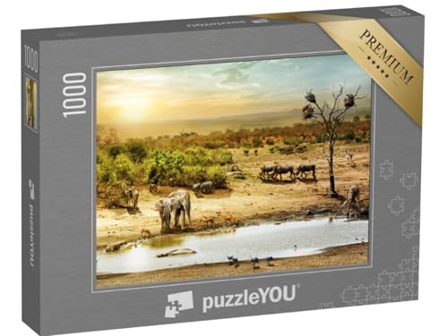 puzzleYOU: Puzzle 1000 Teile „Tiere am Wasserloch im Sonnenuntergang südafrikanische Wüste“ – aus der Puzzle-Kollektion Safari, Savanne von puzzleYOU