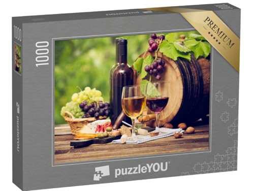 puzzleYOU: Puzzle 1000 Teile „Wein und Käse auf einem Holztisch, Weinfass, Gläser, Flaschen“ – aus der Puzzle-Kollektion Wein von puzzleYOU