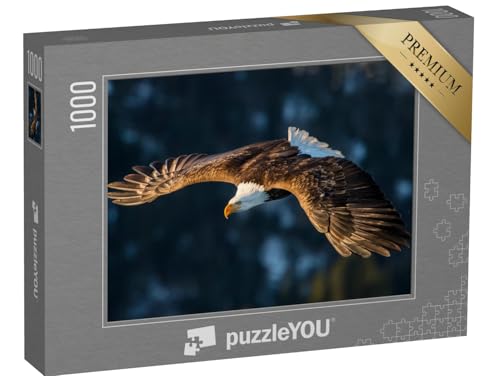 puzzleYOU: Puzzle 1000 Teile „Weißkopfseeadler über einem bewaldeten Berg, Alaska“ – aus der Puzzle-Kollektion Adler, Tiere in Wald & Gebirge von puzzleYOU