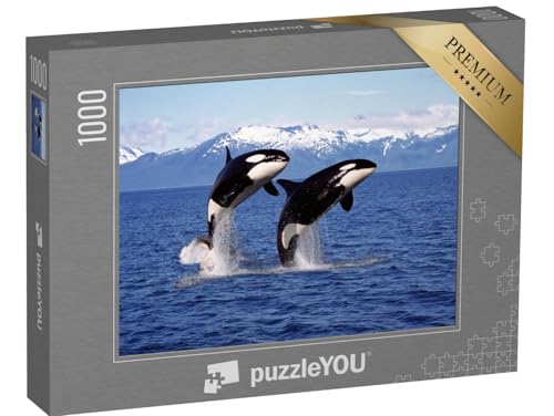 puzzleYOU: Puzzle 1000 Teile „Zwei Killerwale springen aus dem Wasser vor Einer Berglandschaft“ – aus der Puzzle-Kollektion Wale von puzzleYOU