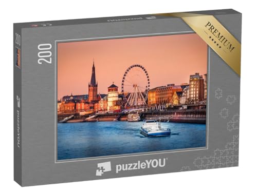 puzzleYOU: Puzzle 200 Teile „Abendlicher Blick auf den Rhein und die Altstadt von Düsseldorf, Deutschland“ – aus der Puzzle-Kollektion Düsseldorf von puzzleYOU