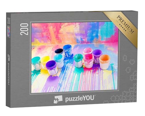 puzzleYOU: Puzzle 200 Teile „Abstrakte Aquarellfarbe Spritzer Farbhintergrund, Bunte Farbe Tropfen Tinte Spritzer Grunge-Karte Design“ von puzzleYOU