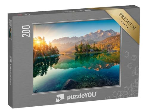 puzzleYOU: Puzzle 200 Teile „Beeindruckender Sommer-Sonnenaufgang am Eibsee mit Zugspitze“ – aus der Puzzle-Kollektion Eibsee, Bayerische Alpen von puzzleYOU