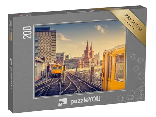 puzzleYOU: Puzzle 200 Teile „Berliner U-Bahn mit Oberbaumbrücke bei Sonnenuntergang, Deutschland“ – aus der Puzzle-Kollektion Berlin, Städte, Deutschland, Deutsche Städte, Deutsche Großstädte von puzzleYOU