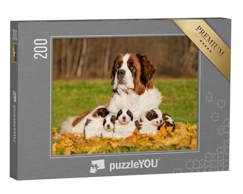 puzzleYOU: Puzzle 200 Teile „Bernhardinerhund mit Welpen im Herbst“ – aus der Puzzle-Kollektion Hunde, Bernhardiner von puzzleYOU