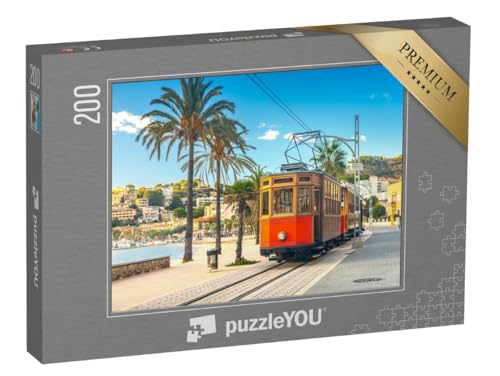 puzzleYOU: Puzzle 200 Teile „Berühmte orangefarbene Straßenbahn, von Soller nach Port de Soller, Mallorca, Spanien“ – aus der Puzzle-Kollektion Straßenbahnen von puzzleYOU