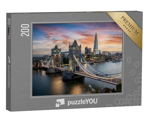 puzzleYOU: Puzzle 200 Teile „Blick auf die abendlich beleuchtete Tower Bridge, London, England“ – aus der Puzzle-Kollektion Europa, Städte, London, Brücken, England, Tower Bridge, Flüsse & Seen von puzzleYOU
