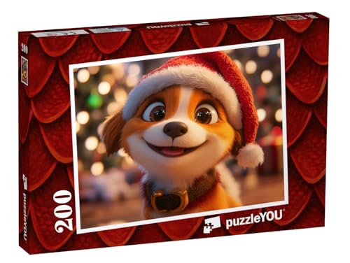 puzzleYOU: Puzzle 200 Teile „Der kleine Hundewelpe mit Weihnachtsmütze“ – aus der Puzzle-Kollektion Kinderpuzzle von puzzleYOU