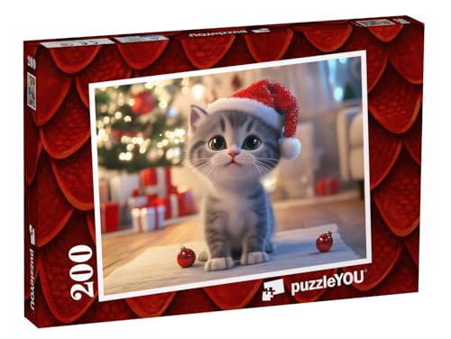 puzzleYOU: Puzzle 200 Teile „Die kleine Katze mit Weihnachtsmütze“ – aus der Puzzle-Kollektion Kinderpuzzle von puzzleYOU