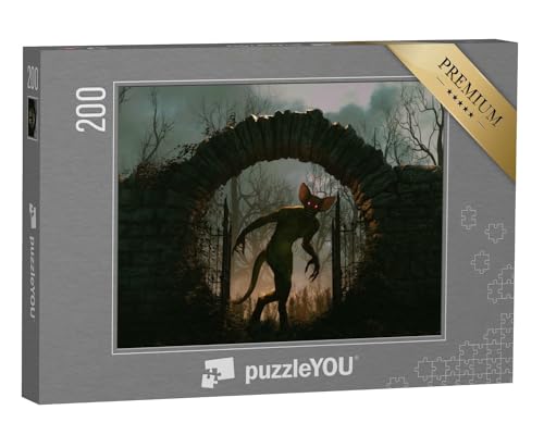 puzzleYOU: Puzzle 200 Teile „Digitale Illustration: Gruseliges Monster Schleicht durch EIN Dunkles Steintor“ – aus der Puzzle-Kollektion Fabel von puzzleYOU