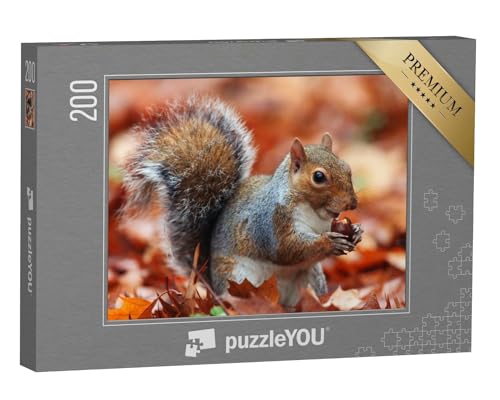 puzzleYOU: Puzzle 200 Teile „Eichhörnchen, Herbst mit Eichel“ – aus der Puzzle-Kollektion Eichhörnchen, Tiere in Wald & Gebirge von puzzleYOU