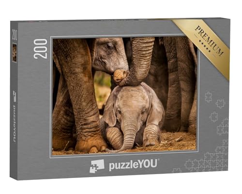 puzzleYOU: Puzzle 200 Teile „Elefantenkalb unter dem Schutz der Herde“ – aus der Puzzle-Kollektion Elefanten, Tiere in Savanne & Wüste, Tiere in Dschungel & Regenwald von puzzleYOU