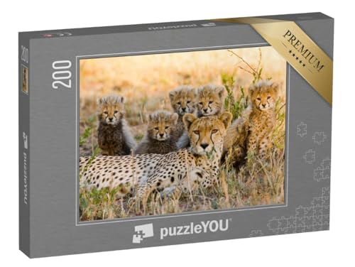 puzzleYOU: Puzzle 200 Teile „Gepardenmutter und ihre Jungtiere in der Savanne, Kenia“ – aus der Puzzle-Kollektion Safari, Geparden, Tiere in Savanne & Wüste von puzzleYOU
