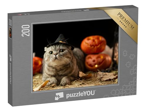 puzzleYOU: Puzzle 200 Teile „Halloween-Katze mit Hut“ – aus der Puzzle-Kollektion Festtage, Katzen-Puzzles von puzzleYOU