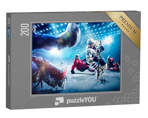 puzzleYOU: Puzzle 200 Teile „Hockeyspieler schießen den Puck und greifen an“ – aus der Puzzle-Kollektion Menschen, Eishockey von puzzleYOU