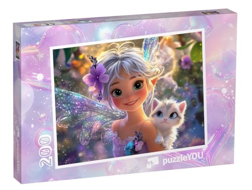 puzzleYOU: Puzzle 200 Teile „Lila Glitzerfee mit ihrer süßen Katze“ – aus der Puzzle-Kollektion Kinderpuzzle von puzzleYOU