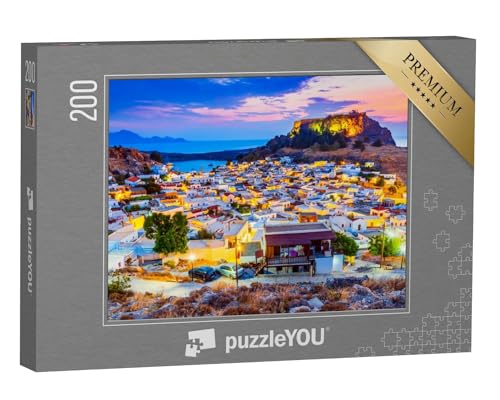 puzzleYOU: Puzzle 200 Teile „Lindos: kleines weiß getünchtes Dorf und die Akropolis, Griechenland“ – aus der Puzzle-Kollektion Rhodos, Mittelmeer von puzzleYOU