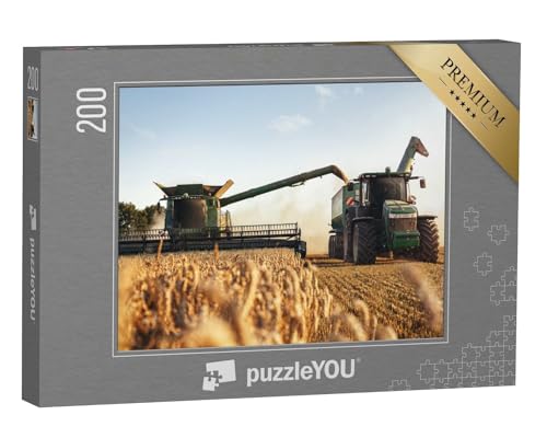puzzleYOU: Puzzle 200 Teile „Mähdrescher und Traktor bei der Arbeit auf einem Weizenfeld“ – aus der Puzzle-Kollektion Traktoren, Landwirtschaft von puzzleYOU