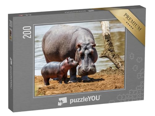 puzzleYOU: Puzzle 200 Teile „Nilpferdmutter mit ihrem Baby im Masai Mara National Park, Kenia“ – aus der Puzzle-Kollektion Nilpferde, Tiere in Savanne & Wüste von puzzleYOU