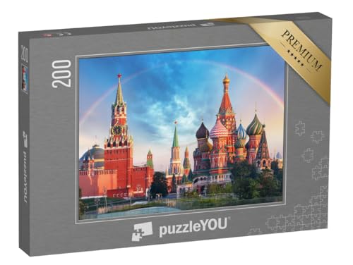puzzleYOU: Puzzle 200 Teile „Panoramablick auf den Roten Platz mit Moskauer Kreml und Regenbogen“ – aus der Puzzle-Kollektion Moskau, Russland, Roter Platz Moskau von puzzleYOU
