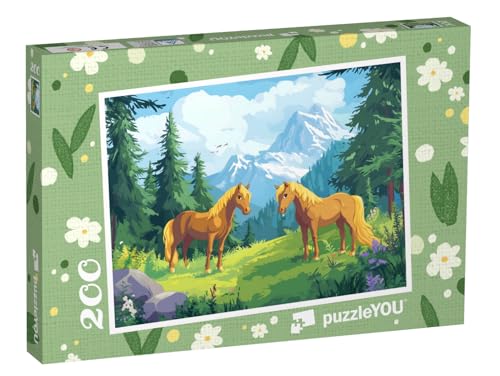 puzzleYOU: Puzzle 200 Teile „Pferdeglück auf Sommerwiese in den Bergen“ – aus der Puzzle-Kollektion Kinderpuzzle von puzzleYOU