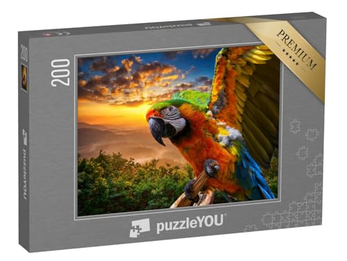 puzzleYOU: Puzzle 200 Teile „Prächtige Farben der Natur: Ara im Sonnenuntergang“ – aus der Puzzle-Kollektion Tiere, Vögel, Papagei, Tiere in Dschungel & Regenwald von puzzleYOU