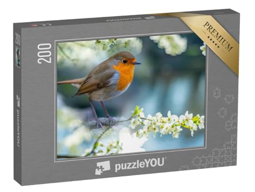 puzzleYOU: Puzzle 200 Teile „Rotkehlchen auf einem weiß-blühenden Zweig“ – aus der Puzzle-Kollektion Rotkehlchen von puzzleYOU