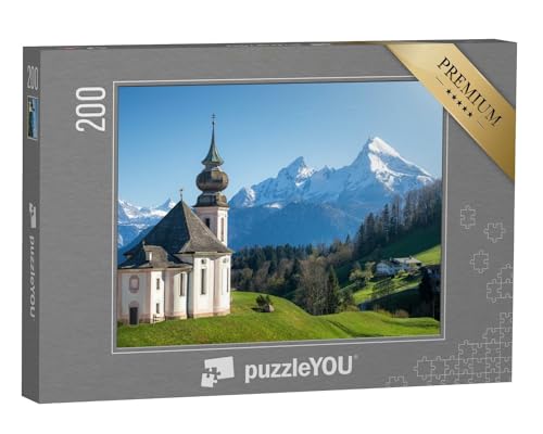 puzzleYOU: Puzzle 200 Teile „Schneebedeckter Watzmann-Gipfel und Maria Gern, Berchtesgadener Land“ – aus der Puzzle-Kollektion Watzmann von puzzleYOU