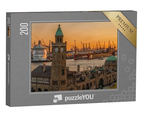 puzzleYOU: Puzzle 200 Teile „Sonnenuntergang über den Landungsbrücken und dem Hafen in Hamburg“ – aus der Puzzle-Kollektion Hamburg, Deutsche Städte, Deutsche Großstädte von puzzleYOU