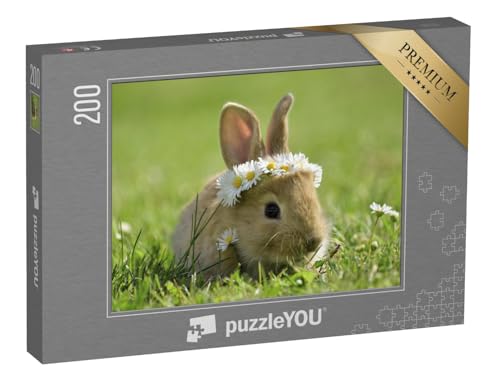 puzzleYOU: Puzzle 200 Teile „Süßes kleines Kaninchen mit Gänseblümchenkranz“ – aus der Puzzle-Kollektion Hasen von puzzleYOU