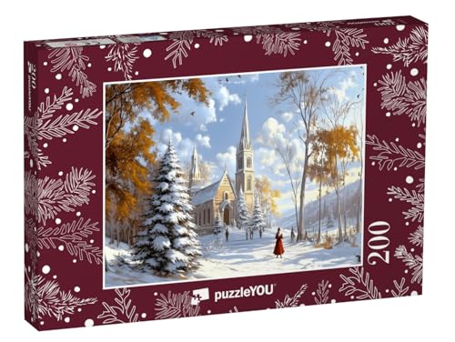 puzzleYOU: Puzzle 200 Teile „Verschneite Kirche am Weihnachtsmorgen“ – aus der Puzzle-Kollektion Weihnachten von puzzleYOU