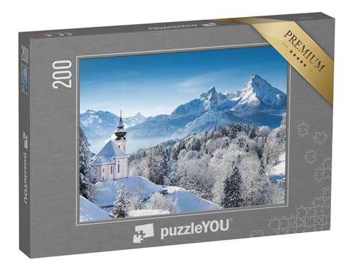 puzzleYOU: Puzzle 200 Teile „Wallfahrtskirche und Watzmann-Gipfel im Winter, Berchtesgadener Land, Deutschland“ – aus der Puzzle-Kollektion Berge, Alpen, Kirchen, Österreich von puzzleYOU