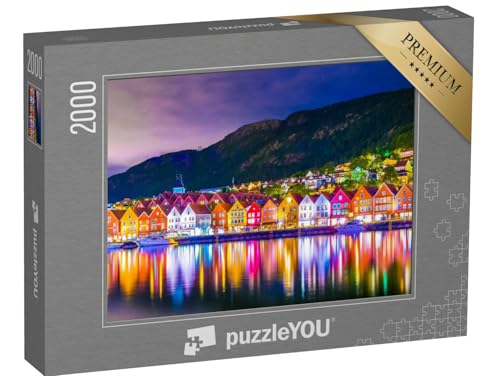 puzzleYOU: Puzzle 2000 Teile „Abendliche Beleuchtung des Holzviertels Bryggen in Bergen, Norwegen“ – aus der Puzzle-Kollektion Bergen, Europäische Städte von puzzleYOU