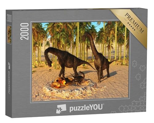 puzzleYOU: Puzzle 2000 Teile „Dinosaurier-Baby: Nest mit 3D-Illustration, Brachiosaurus-Eltern und Dino-Eier“ – aus der Puzzle-Kollektion Dinosaurier, Tiere aus Fantasy & Urzeit von puzzleYOU