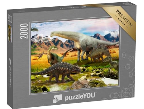 puzzleYOU: Puzzle 2000 Teile „Illustration: Dinosaurier, Park am See“ – aus der Puzzle-Kollektion Dinosaurier von puzzleYOU