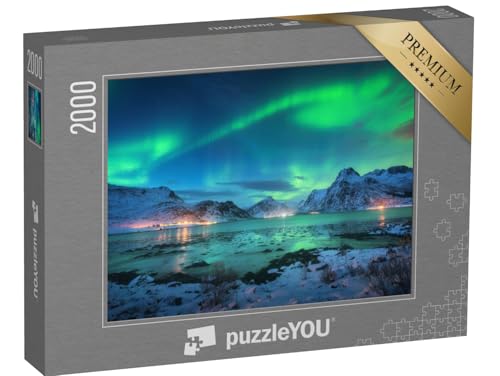 puzzleYOU: Puzzle 2000 Teile „Polarlicht über der Meeresküste, schneebedeckte Berge, Lofoten“ – aus der Puzzle-Kollektion Arktis von puzzleYOU