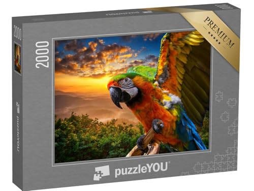 puzzleYOU: Puzzle 2000 Teile „Prächtige Farben der Natur: Ara im Sonnenuntergang“ – aus der Puzzle-Kollektion Tiere, Vögel, Papagei, Tiere in Dschungel & Regenwald von puzzleYOU