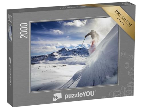 puzzleYOU: Puzzle 2000 Teile „Skifahrer, der einen steilen Hang hinunterfährt, Blauer Himmel und Berge“ – aus der Puzzle-Kollektion Winter, Himmel & Jahreszeiten von puzzleYOU