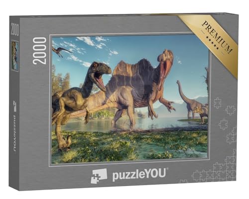 puzzleYOU: Puzzle 2000 Teile „Spinosaurus und Deinonychus, Dschungel-Szene, 3D-Illustration“ – aus der Puzzle-Kollektion Dinosaurier, Tiere aus Fantasy & Urzeit von puzzleYOU
