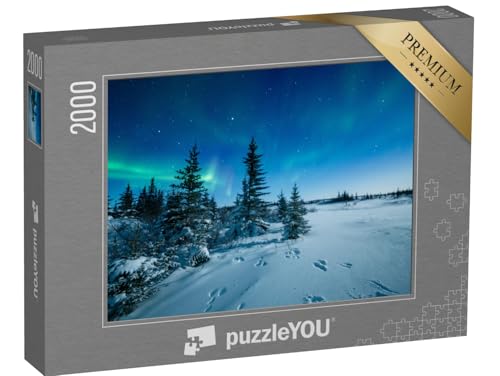 puzzleYOU: Puzzle 2000 Teile „Spuren im Schnee unter den Nordlichtern Aurora Borealis“ – aus der Puzzle-Kollektion Kanada von puzzleYOU