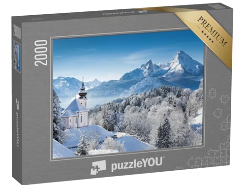 puzzleYOU: Puzzle 2000 Teile „Wallfahrtskirche und Watzmann-Gipfel im Winter, Berchtesgadener Land, Deutschland“ – aus der Puzzle-Kollektion Berge, Alpen, Kirchen, Österreich von puzzleYOU