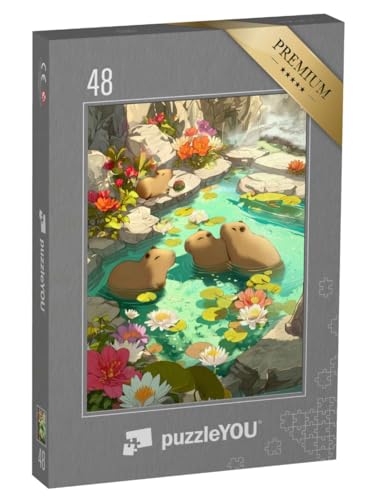puzzleYOU: Puzzle 48 Teile „Capybaras entspannen im Pool“ – aus der Puzzle-Kollektion Exotische Tiere & Trend-Tiere von puzzleYOU
