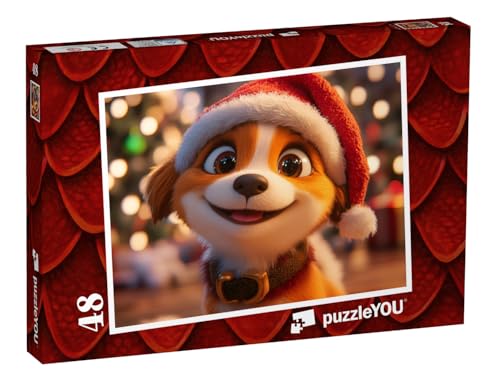 puzzleYOU: Puzzle 48 Teile „Der kleine Hundewelpe mit Weihnachtsmütze“ – aus der Puzzle-Kollektion Kinderpuzzle von puzzleYOU
