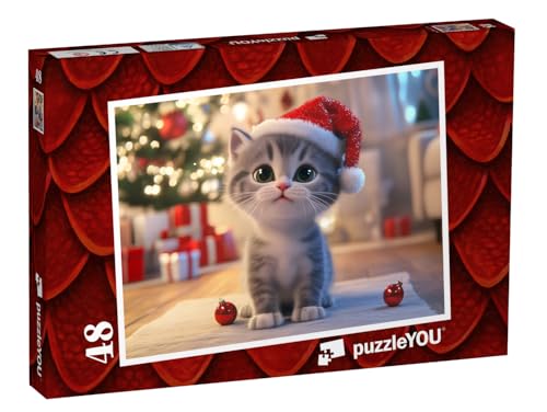 puzzleYOU: Puzzle 48 Teile „Die kleine Katze mit Weihnachtsmütze“ – aus der Puzzle-Kollektion Kinderpuzzle von puzzleYOU