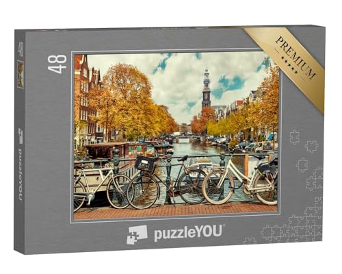 puzzleYOU: Puzzle 48 Teile „Fahrräder an der Amstel in Amsterdam“ – aus der Puzzle-Kollektion Holland, Amsterdam, Europäische Städte von puzzleYOU