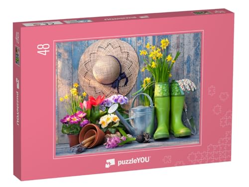 puzzleYOU: Puzzle 48 Teile „Gartengeräte und Blumen auf der Terrasse im Garten“ – aus der Puzzle-Kollektion Garten von puzzleYOU