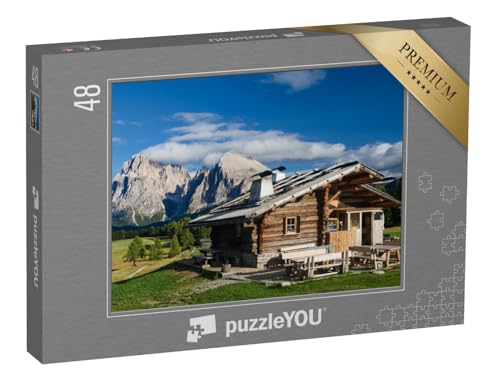 puzzleYOU: Puzzle 48 Teile „Hütte auf der Seiser ALM mit Plattkofel und Langkofel, Südtirol“ – aus der Puzzle-Kollektion Berge & Täler von puzzleYOU