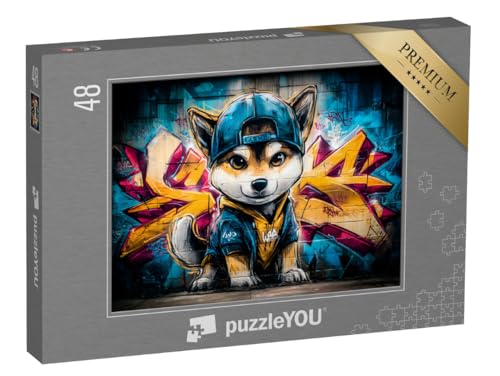 puzzleYOU: Puzzle 48 Teile „Hund mit Cap Streetart“ – aus der Puzzle-Kollektion Kunst & Fantasy von puzzleYOU