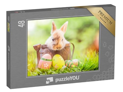 puzzleYOU: Puzzle 48 Teile „Kleines Kaninchenbaby mit Ostereiern“ – aus der Puzzle-Kollektion Hasen, Bauernhof-Tiere von puzzleYOU
